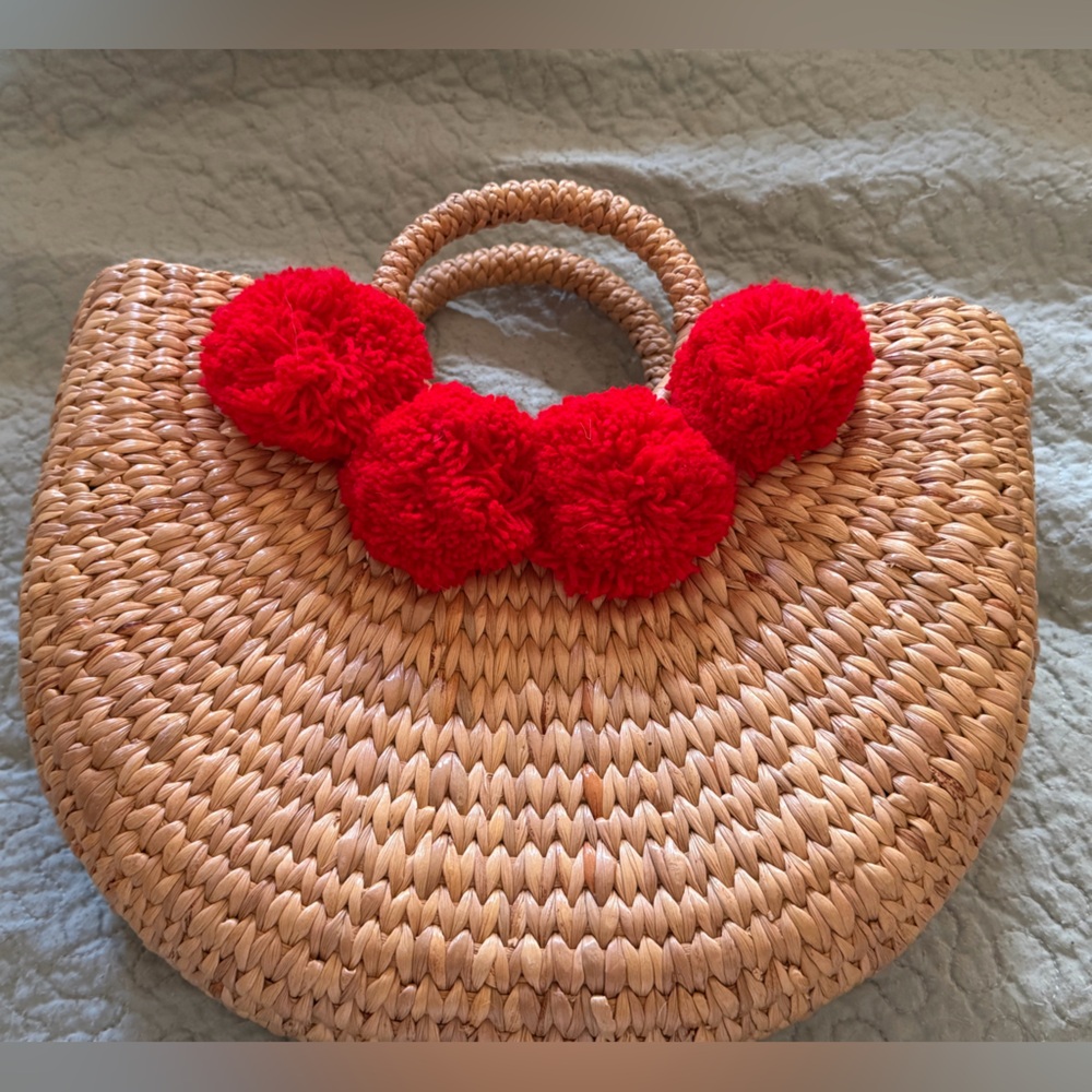 Vintage Sea & Grass Red Pom Pom Tote Bag, excellent condition!